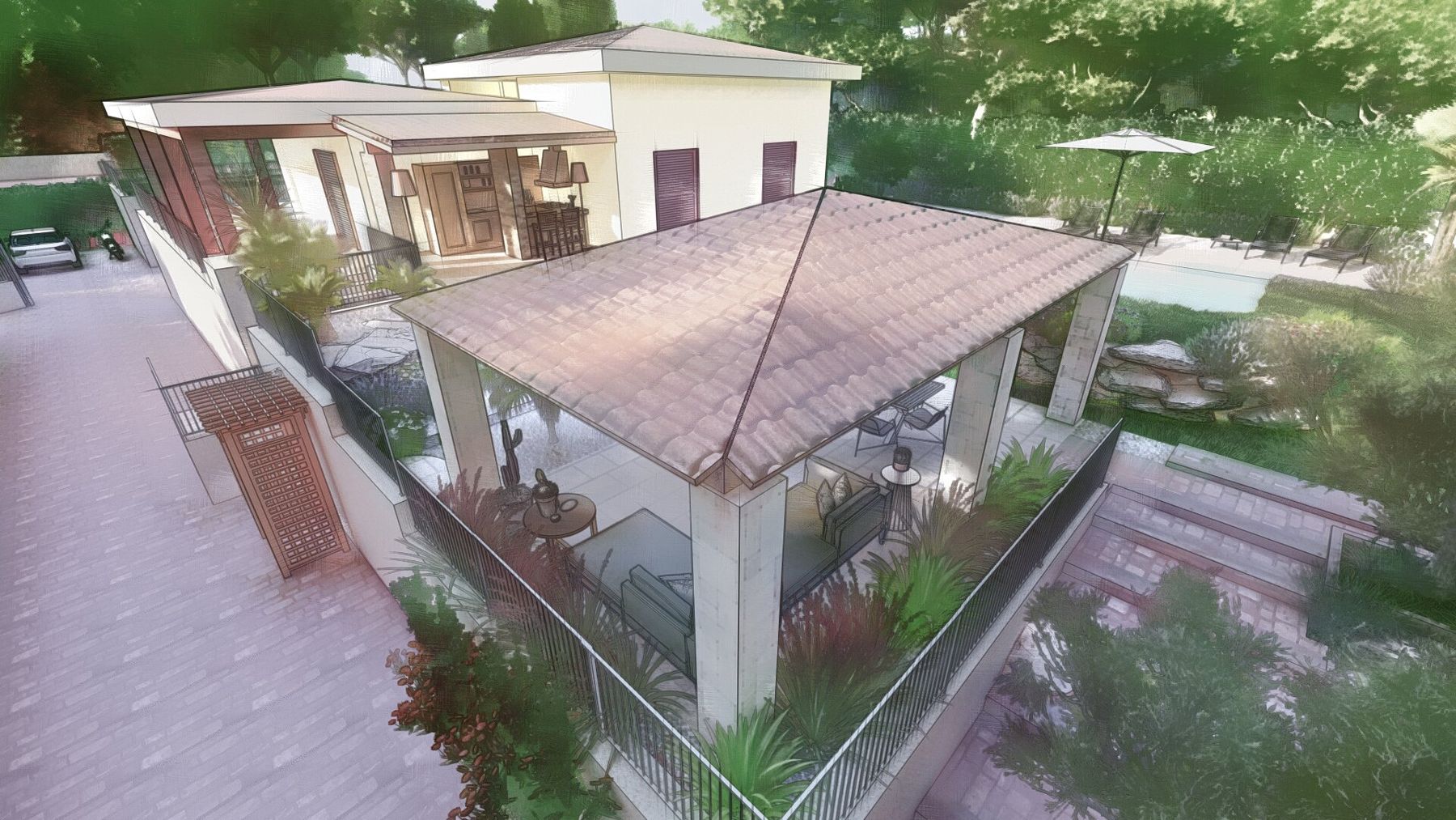 Render di terrazza con pergola