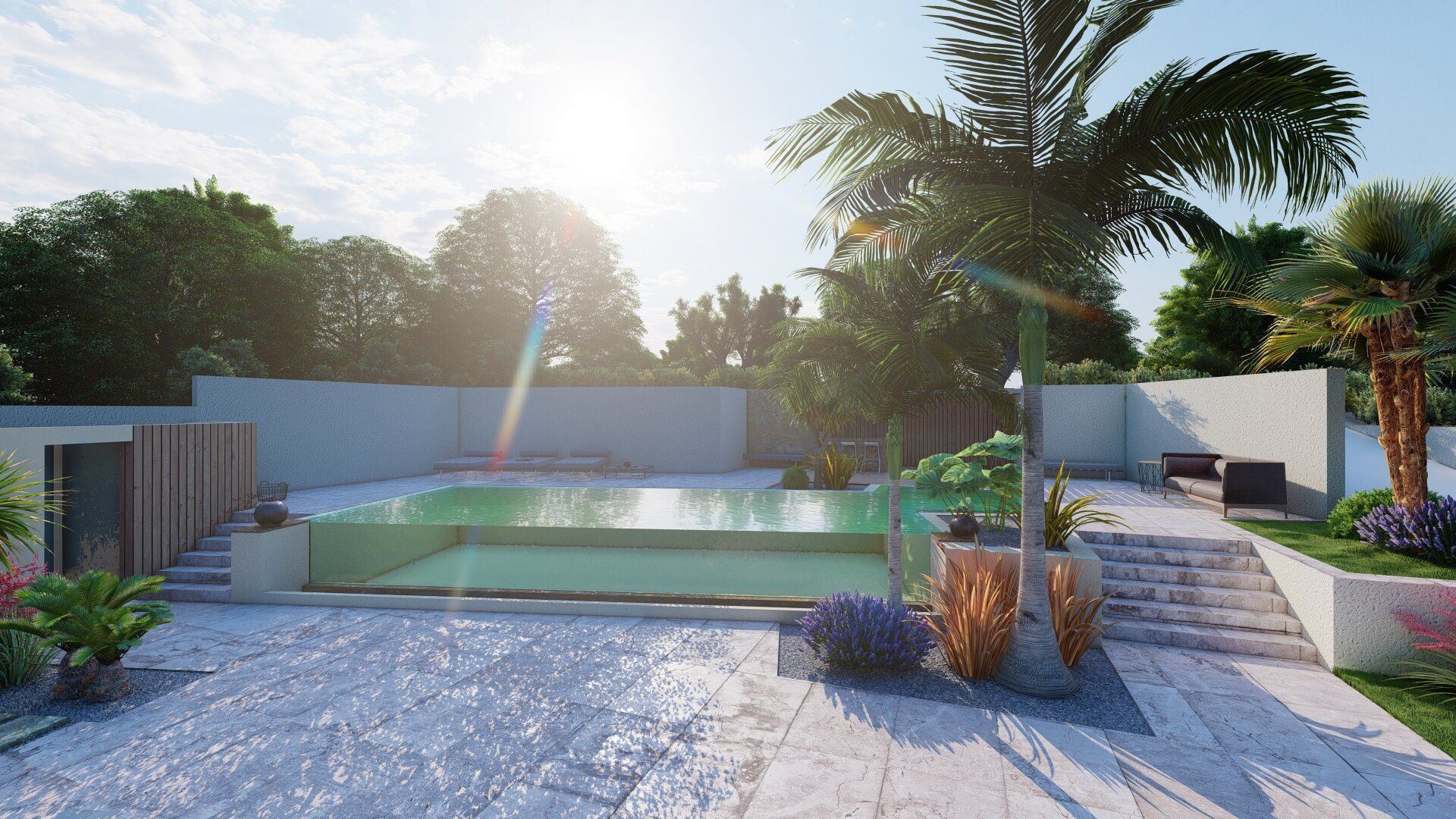 Render di piscina con palme e scalinata in pietra