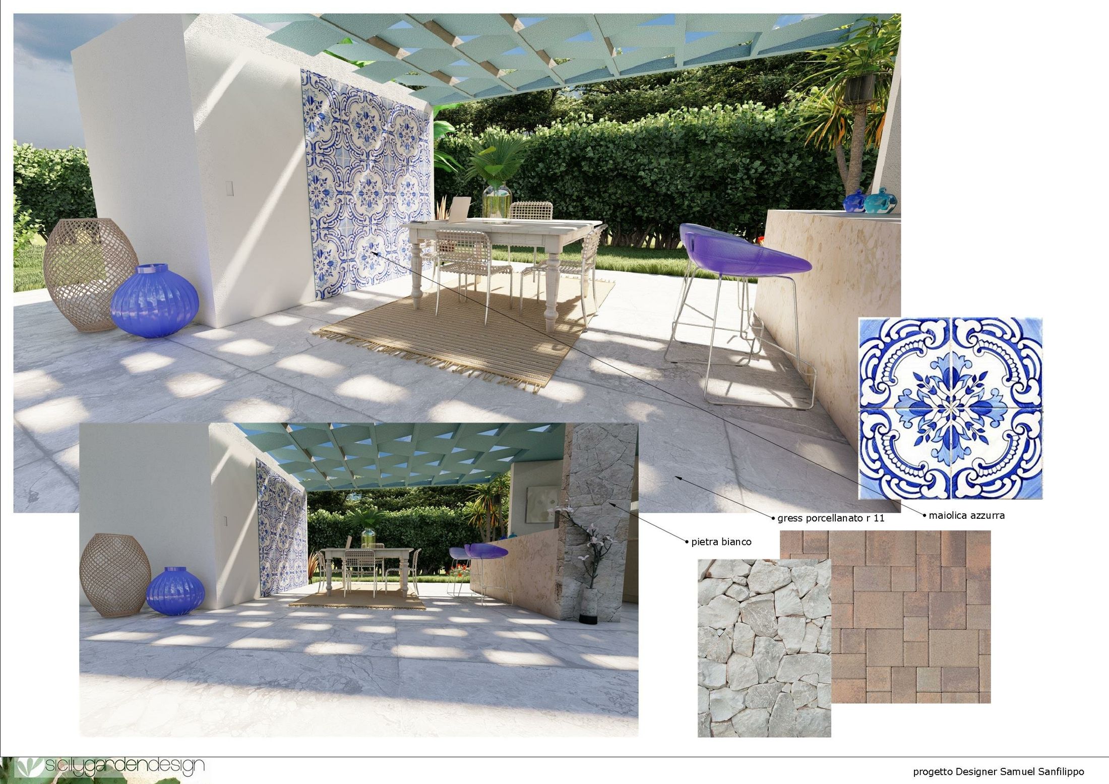 Tavola materica con render della zona pranzo, piastrelle e pavimenti