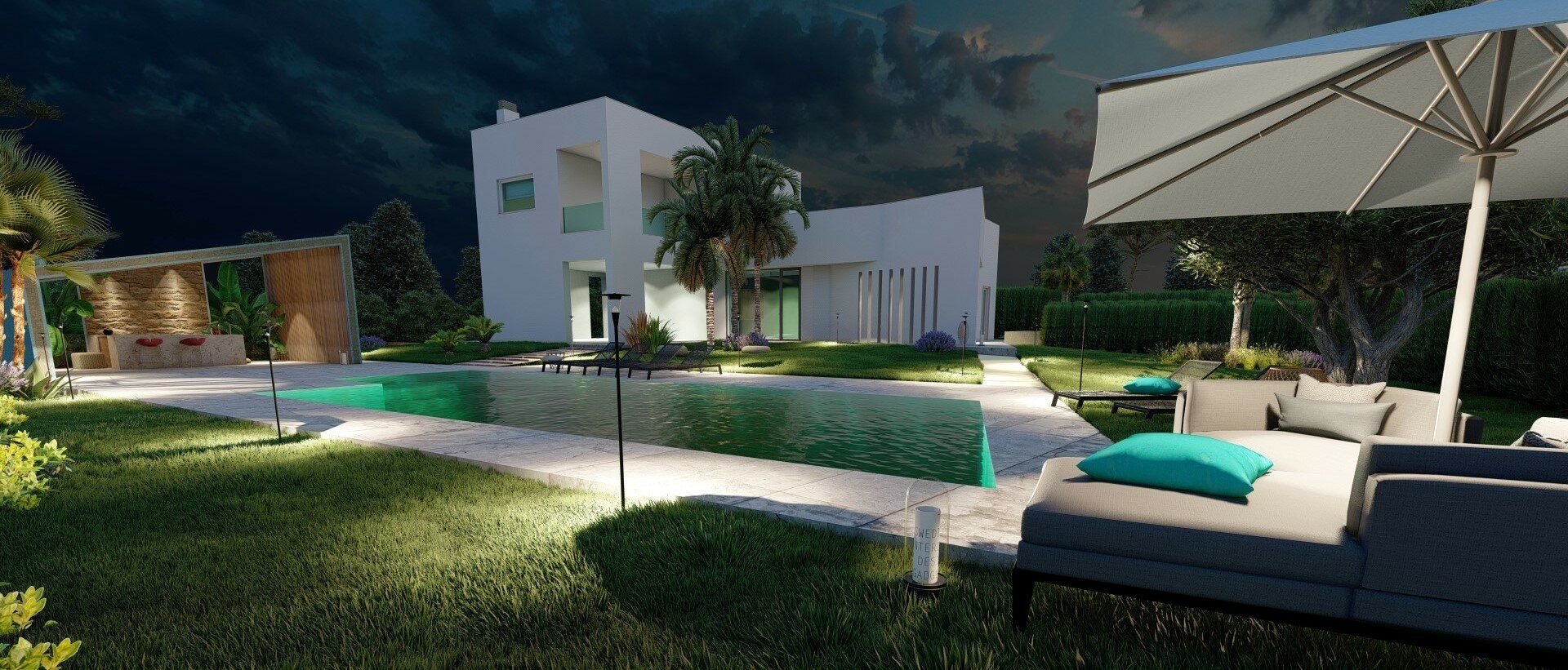 Render notturno di piscina e giardino illuminati