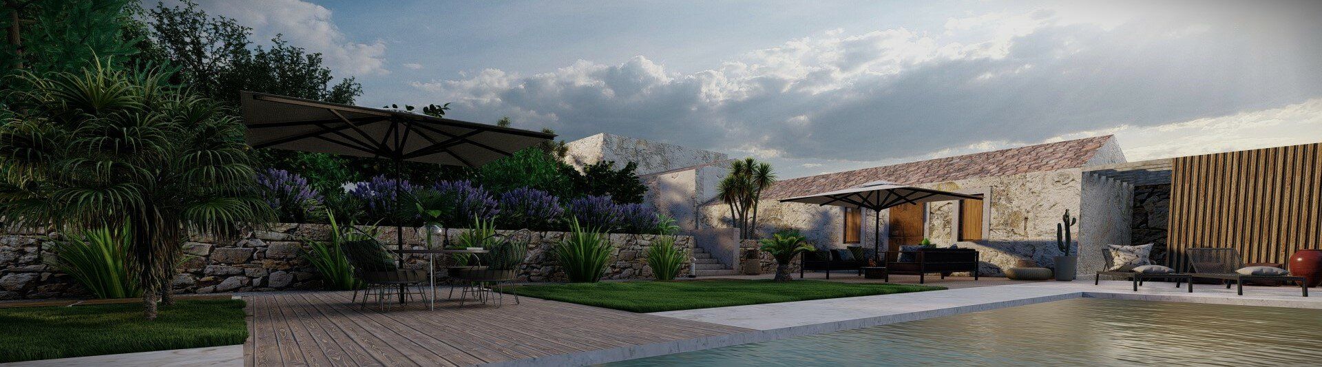 Panoramica di piscina e giardino al tramonto