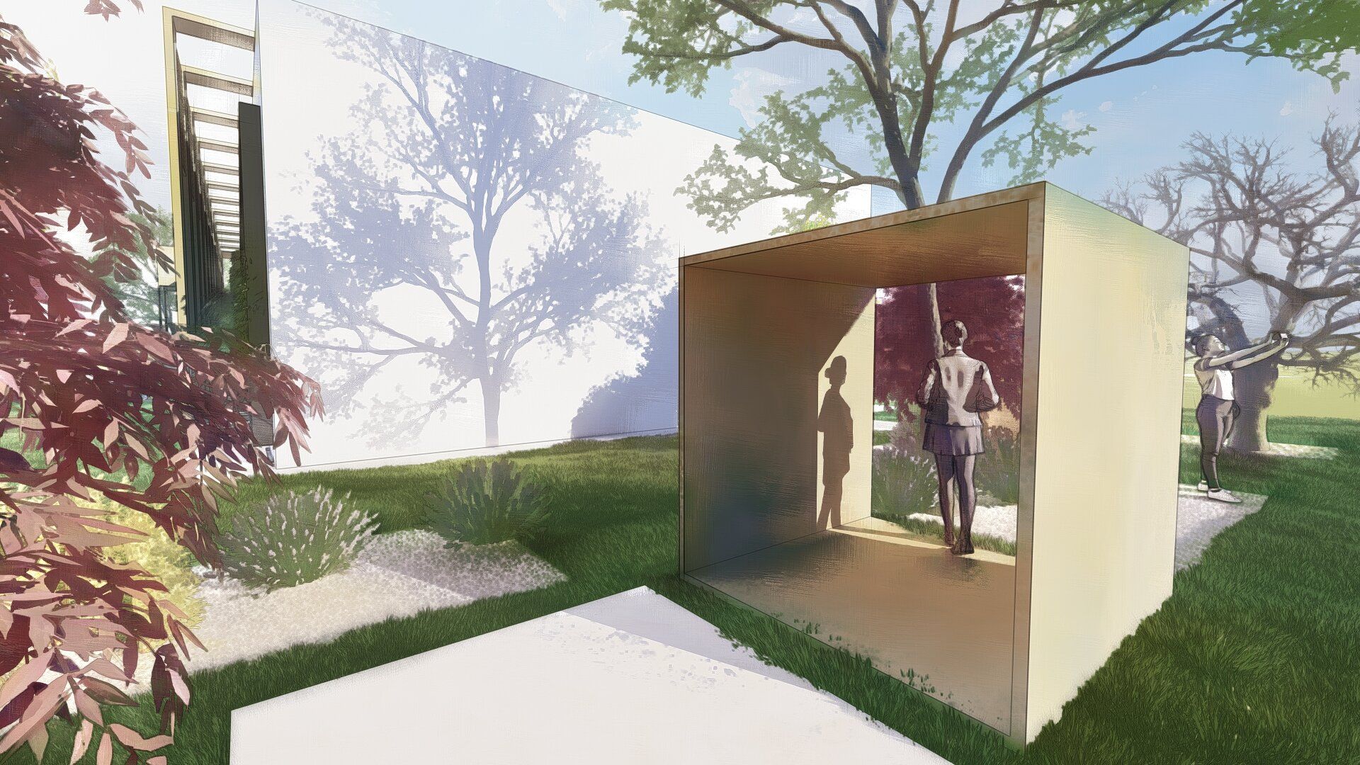 Render di giardino con padiglione in legno e acero rosso