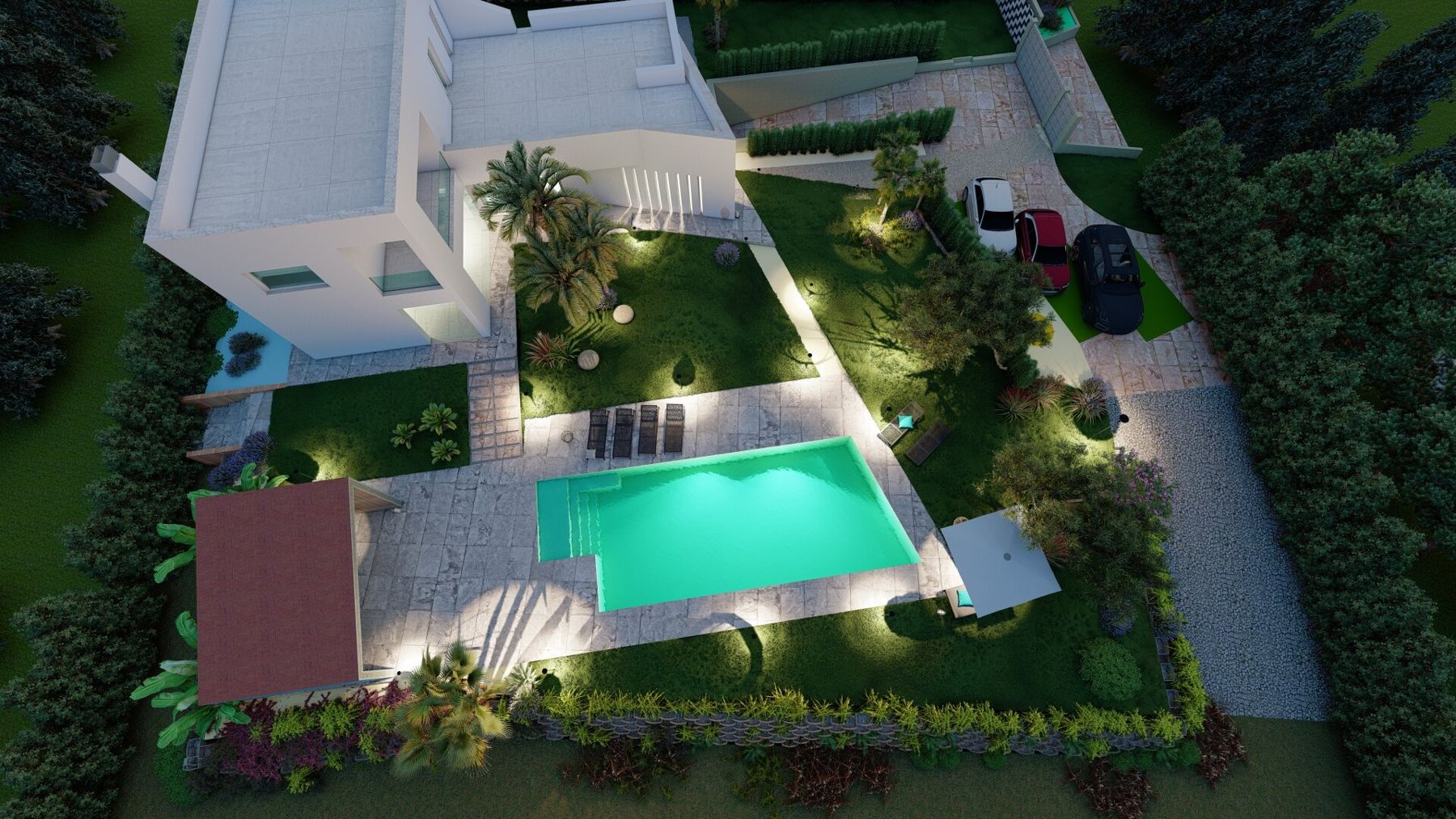 Render notturno dall'alto di una villa con giardino e piscina illuminata