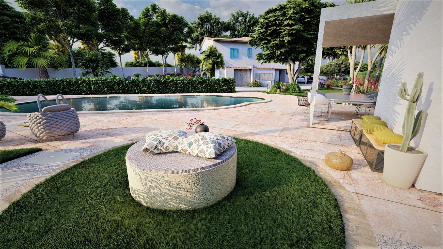 Render di solarium con pouf e cuscini a bordo piscina