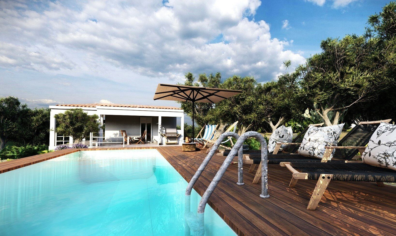 Render di piscina con deck in legno