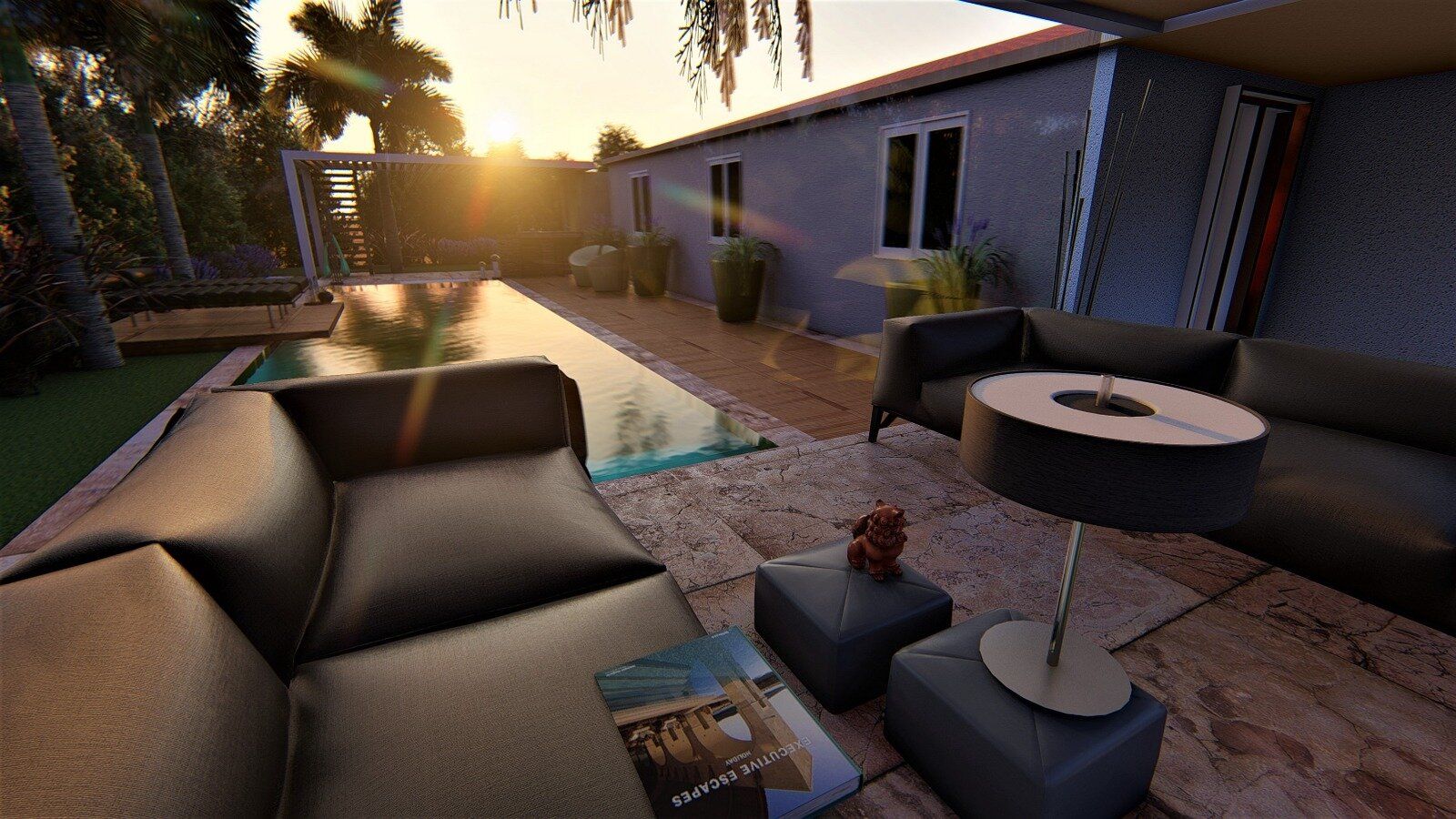 Render di terrazzo con divani al tramonto