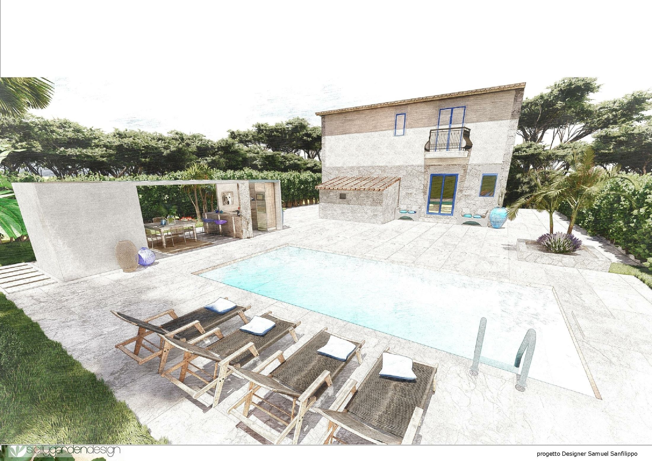 Piscina e giardino di una villa privata, progetto Sicily Garden Design