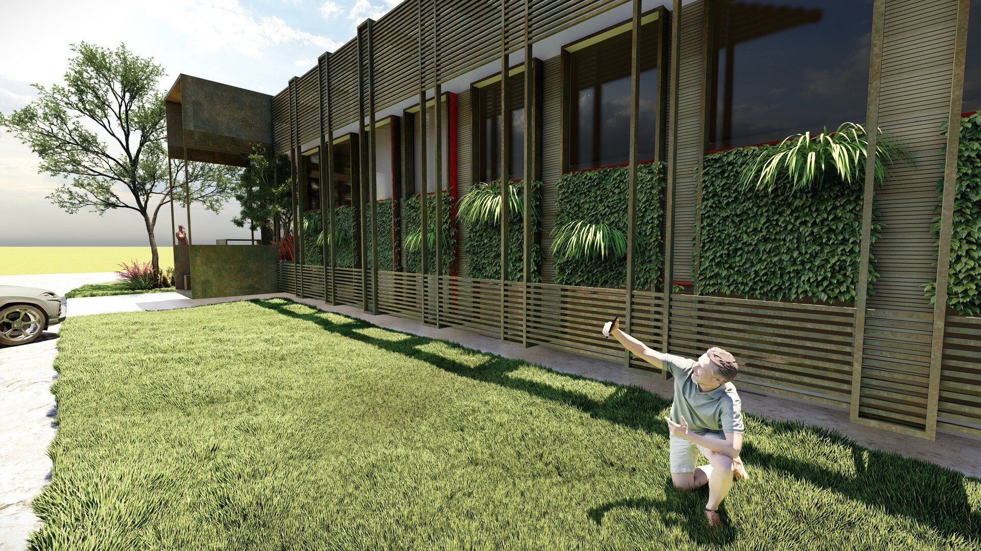Render di giardino con prato e parete verde