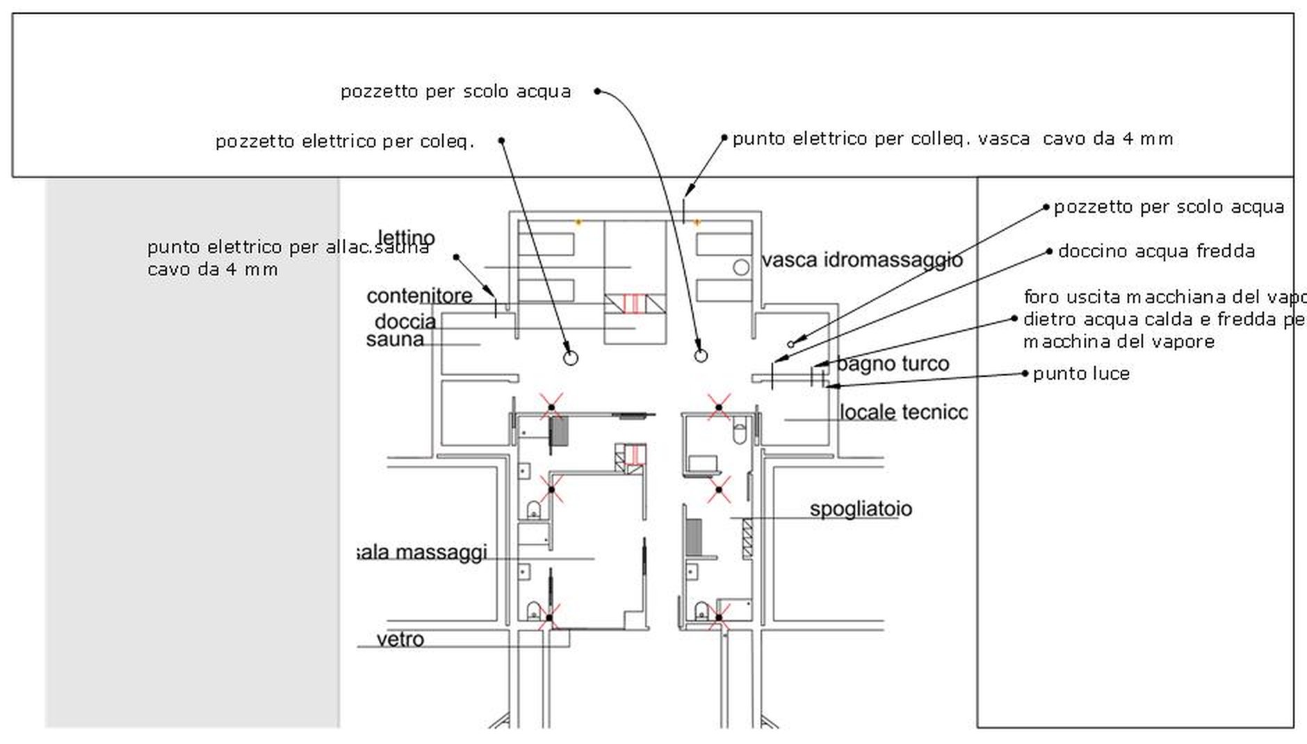 Pianta di progetto di un centro benessere con sauna, bagno turco, vasca idromassaggio, sala massaggi e spogliatoio