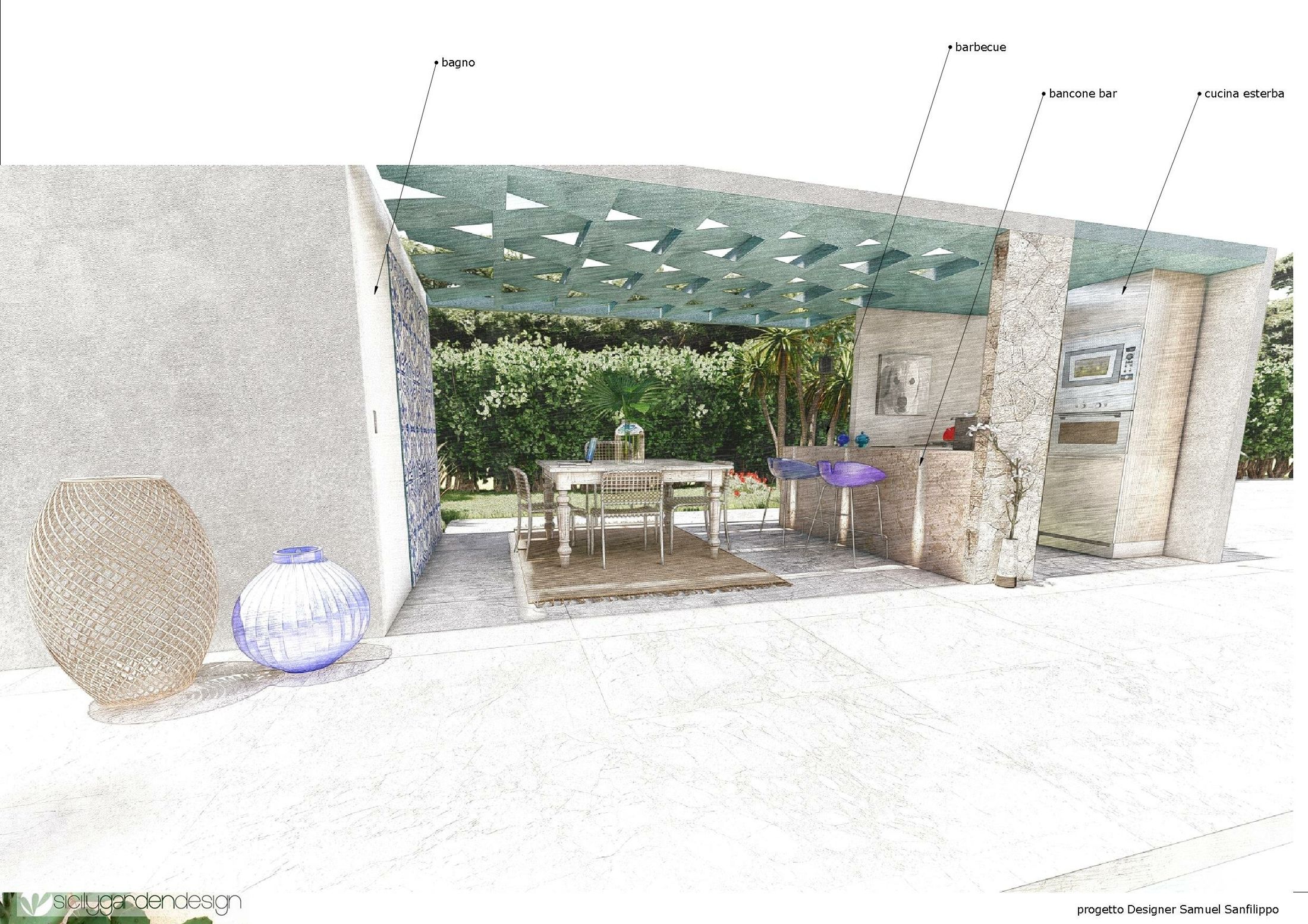 Render di pergola con tavolo da pranzo e arredi da esterno